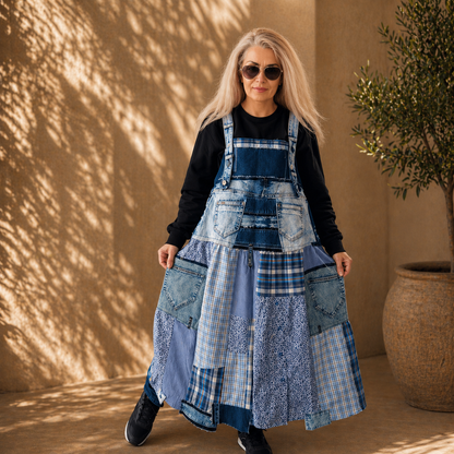 Plus Size Denim Pinafore Dress,3XL Long Denim Dungarees for Women