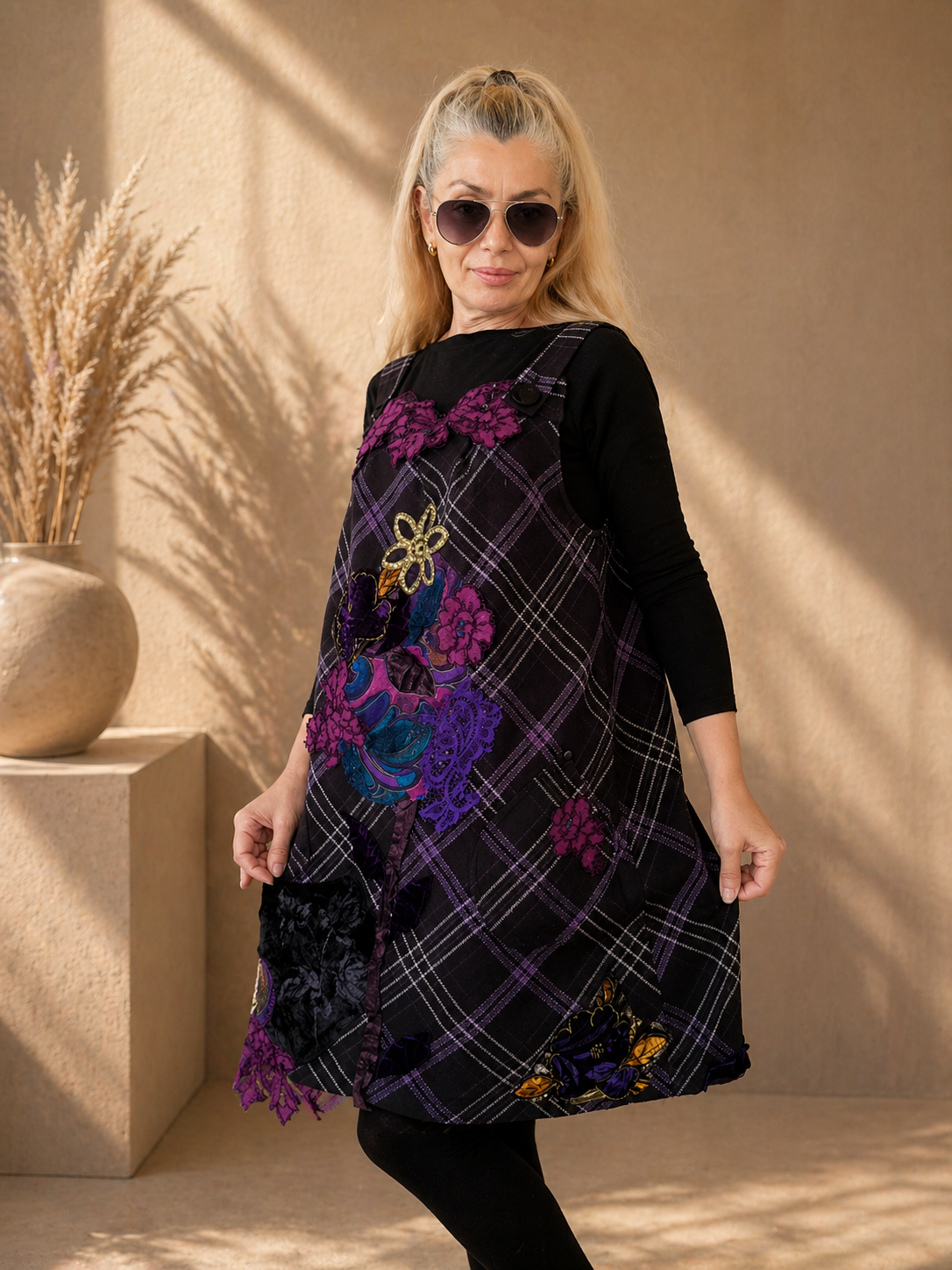 Purple Pinafore Dress,XL Wool Overall Dress,Floral Jumper Dress