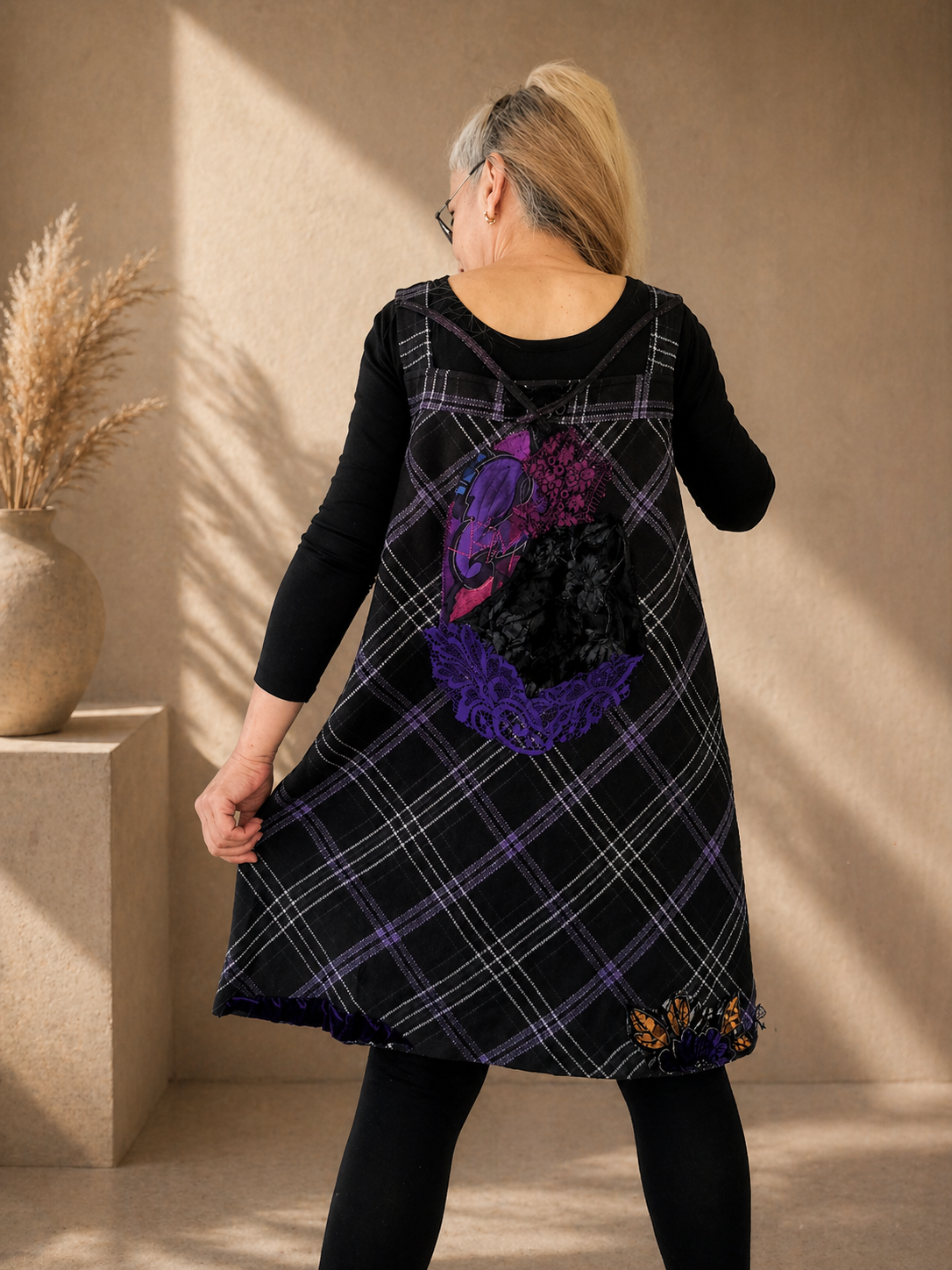 Purple Pinafore Dress,XL Wool Overall Dress,Floral Jumper Dress