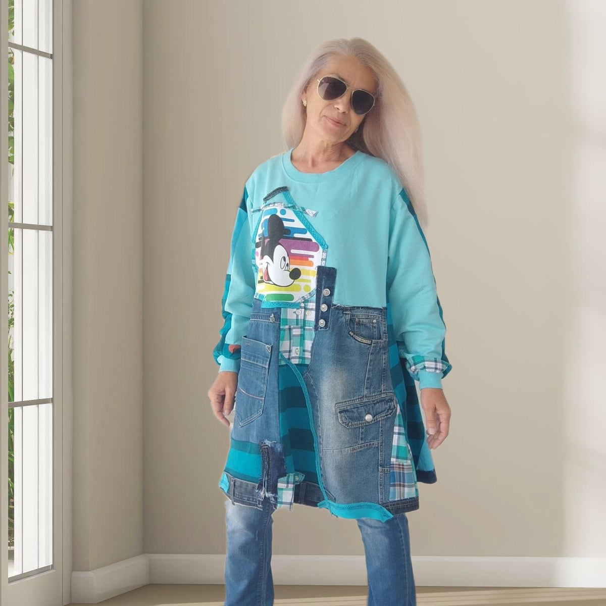 3XL Plus Size Mickey Mouse Dress – Turquoise Denim Patchwork Tunic