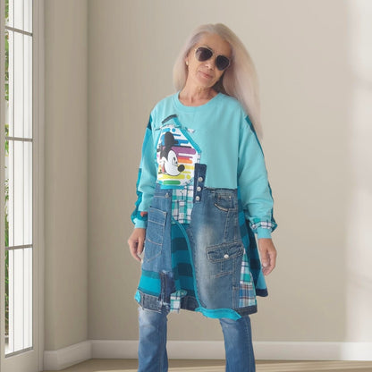 3XL Plus Size Mickey Mouse Dress – Turquoise Denim Patchwork Tunic