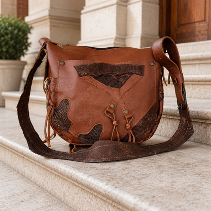 Brown Leather Crossbody Bag – Boho Patchwork Shoulder Bag