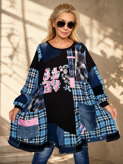 4XL Plus Size Plaid Denim Dress – Boho Patchwork Tunic