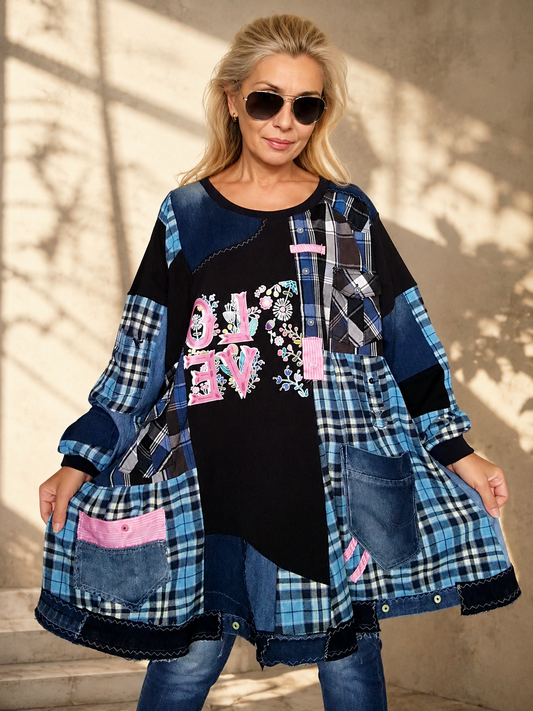 4XL Plus Size Plaid Denim Dress – Boho Patchwork Tunic