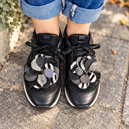 Black, silver and zebra leather flower sneaker charms on black sneakers – MARTINELI