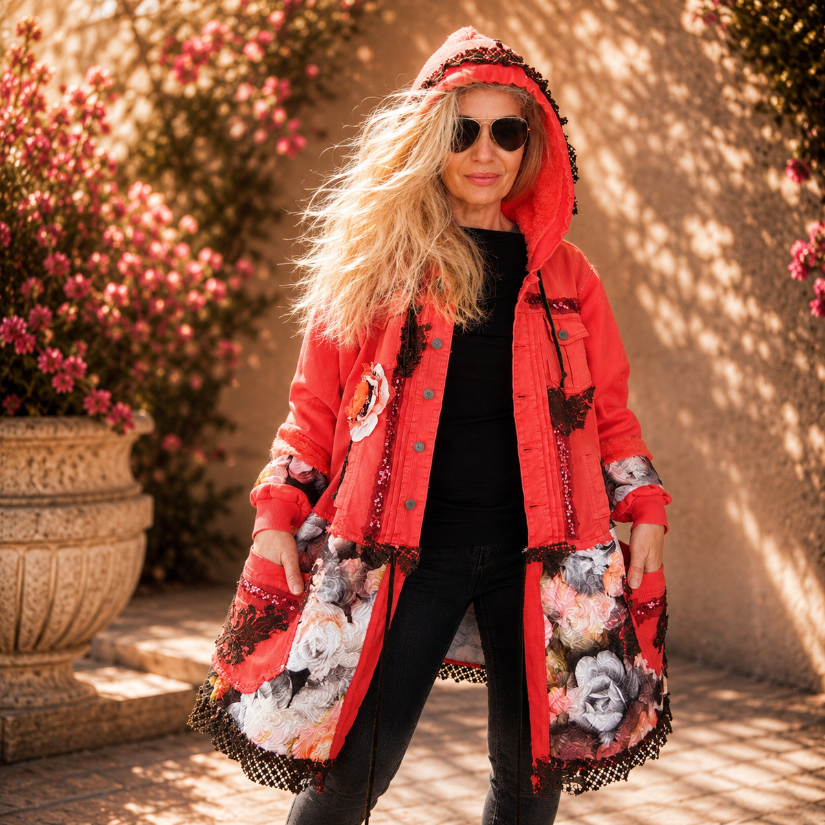Coral Pink Hooded Denim Jacket – Floral Patchwork, Green Lace, Boho Artwear