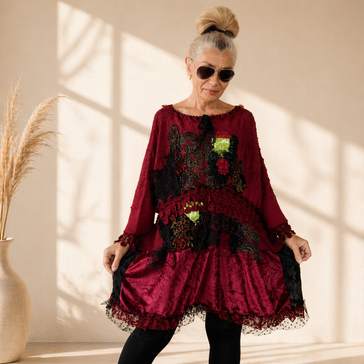 Plus Size Wine Red Sweater Dress,XL/4XL Upcycled Embroidered Knit Tunic