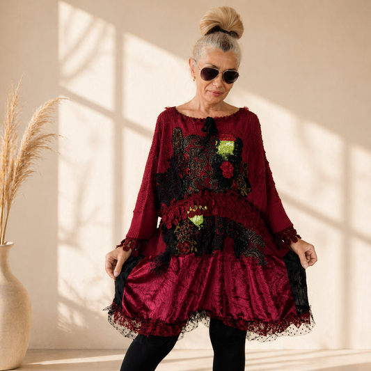 Plus Size Wine Red Sweater Dress,XL/4XL Upcycled Embroidered Knit Tunic