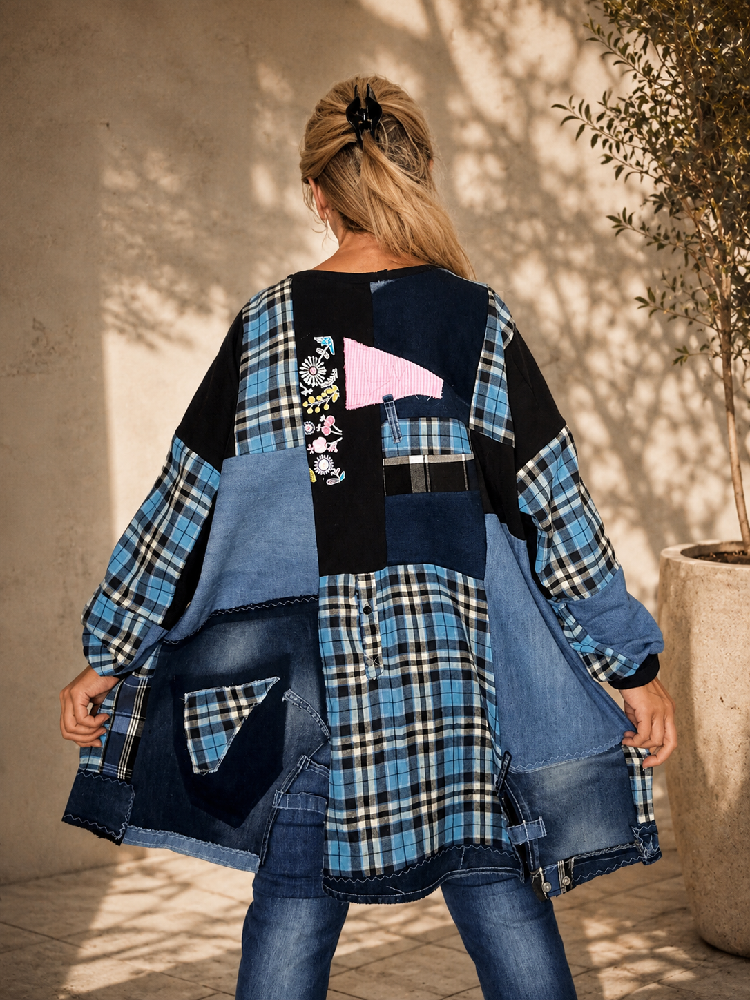 4XL Plus Size Plaid Denim Dress – Boho Patchwork Tunic