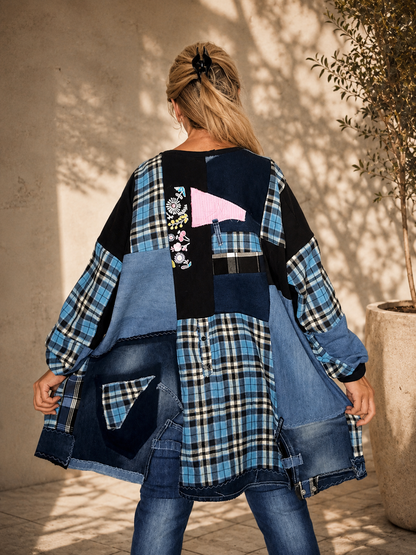 4XL Plus Size Plaid Denim Dress – Boho Patchwork Tunic