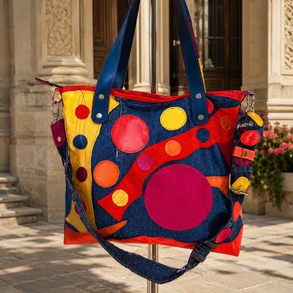 Large Colorful Leather Patchwork Tote Bag – Denim Shoulder Bag