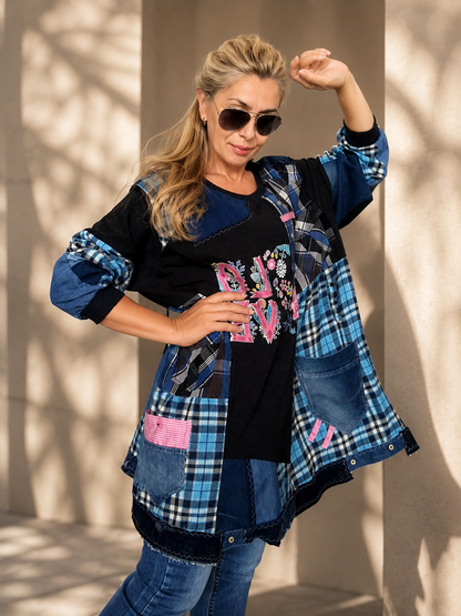 4XL Plus Size Plaid Denim Dress – Boho Patchwork Tunic