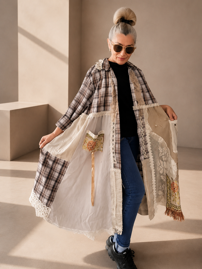 2XL Plus Size Linen Duster Dress – Beige Plaid Patchwork Boho Jacket