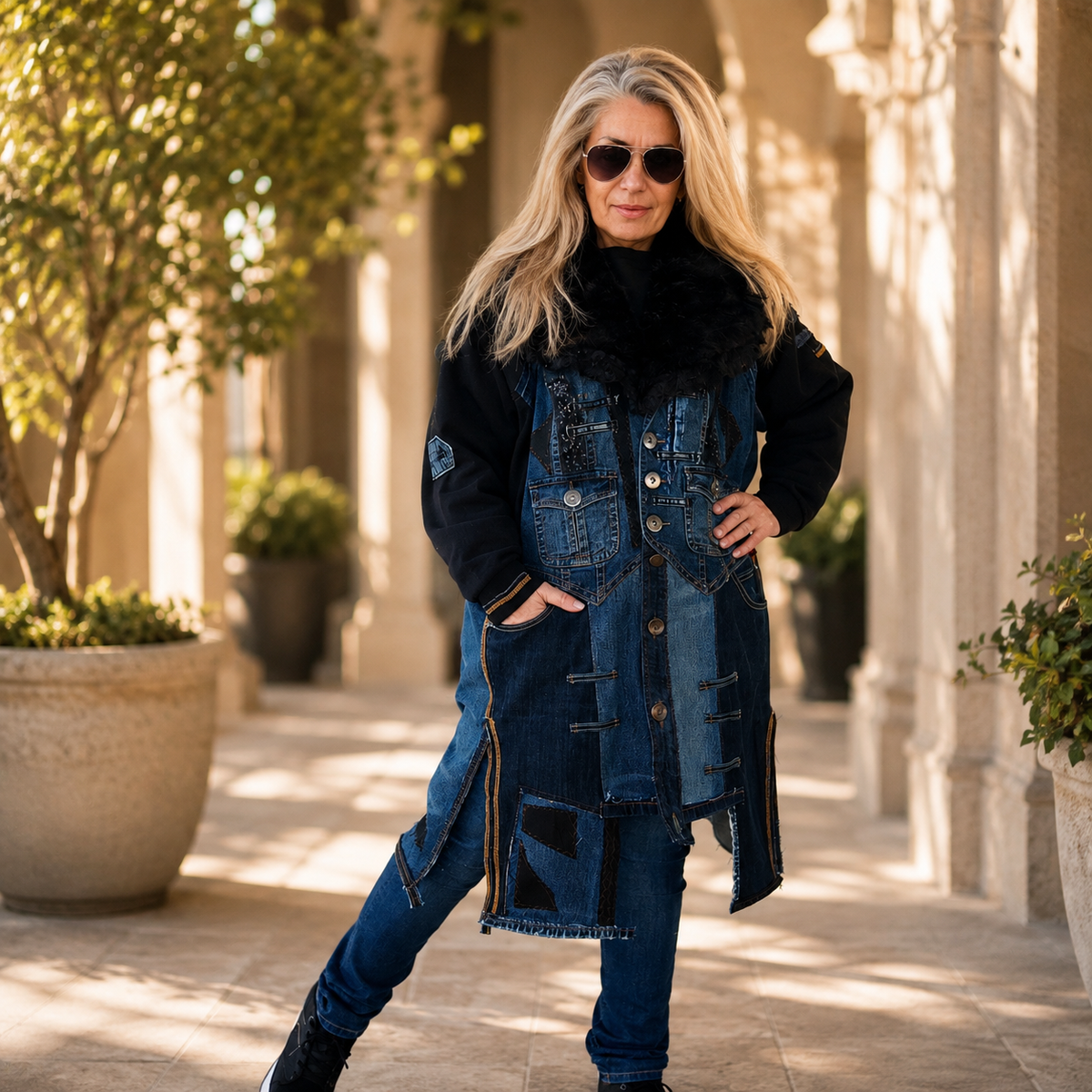 Plus Size 3XL Upcycled Denim Duster Coat – Patchwork Jean Jacket
