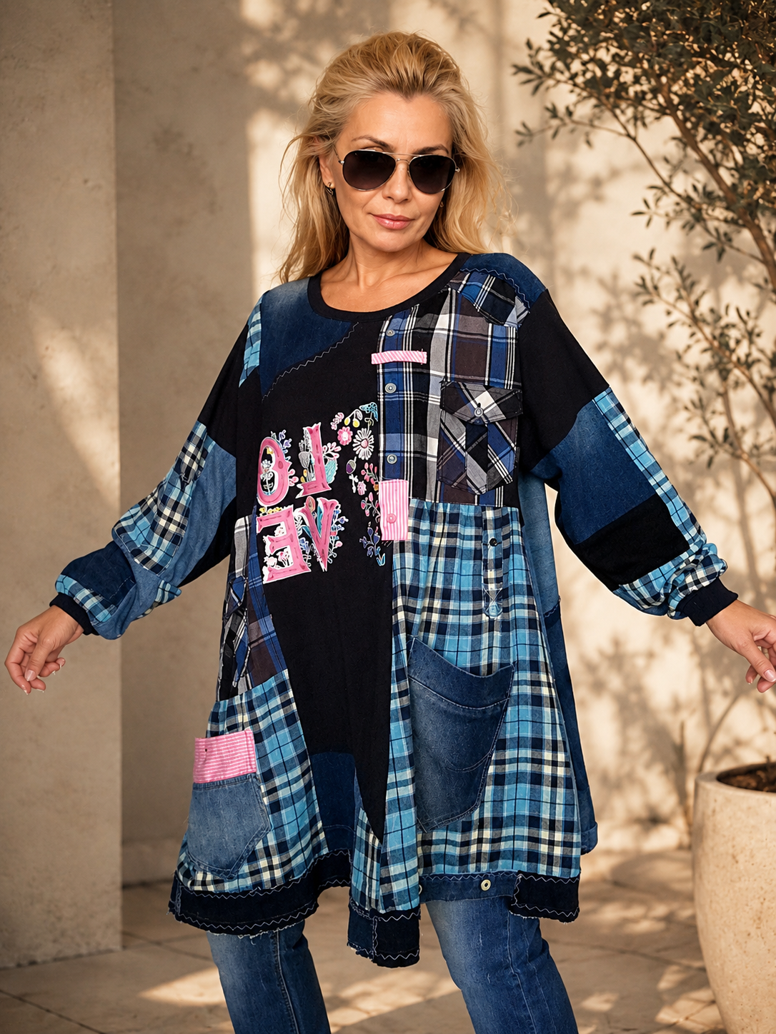 4XL Plus Size Plaid Denim Dress – Boho Patchwork Tunic