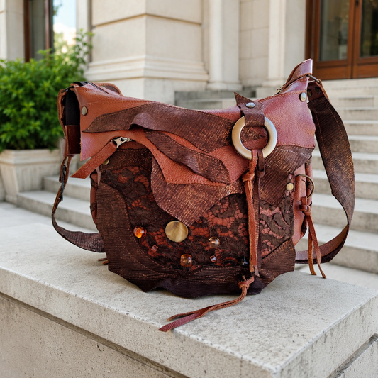 Brown Leather Crossbody Bag – Boho Patchwork Shoulder Bag