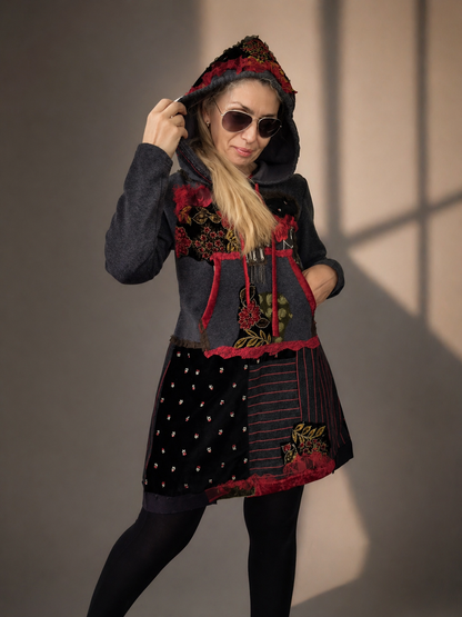 Floral Hooded Sweatshirt Dress,S/M Gray Embroidered Hoodie Dress