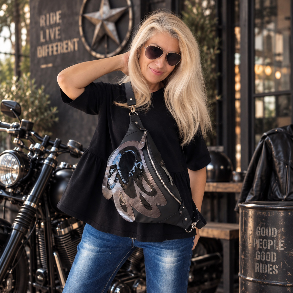 Black Silver Italian Leather Angel Wing Crossbody Bag