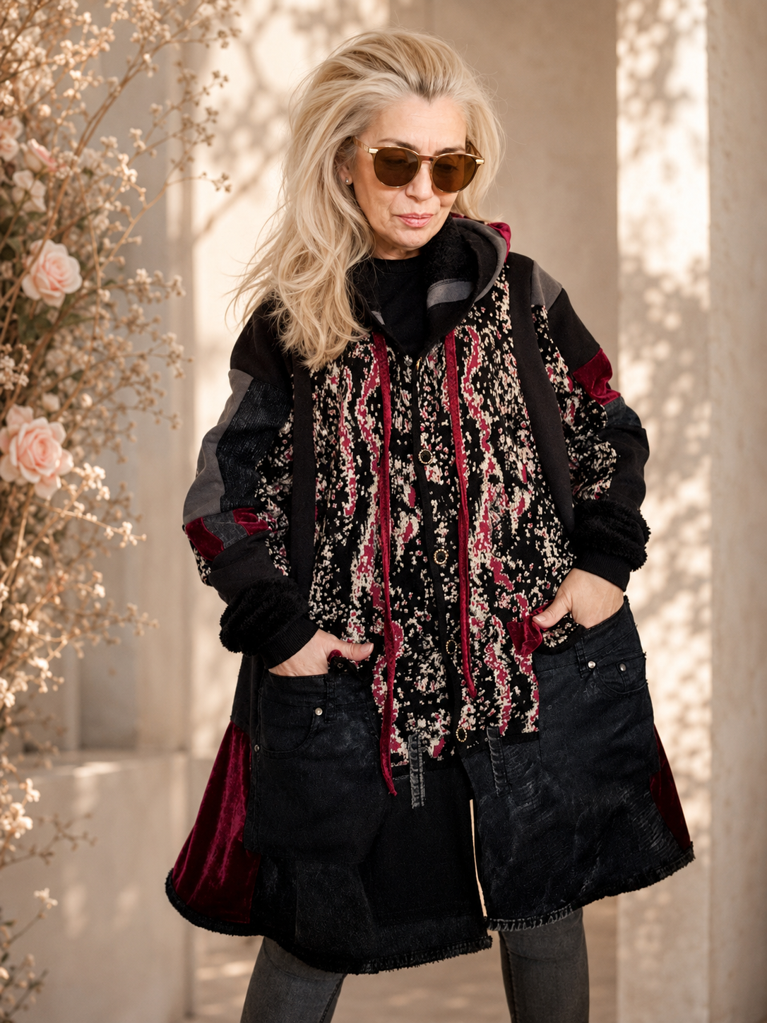 3XL Plus Size Hooded Cardigan – Black & Pink Patchwork Boho Jacket