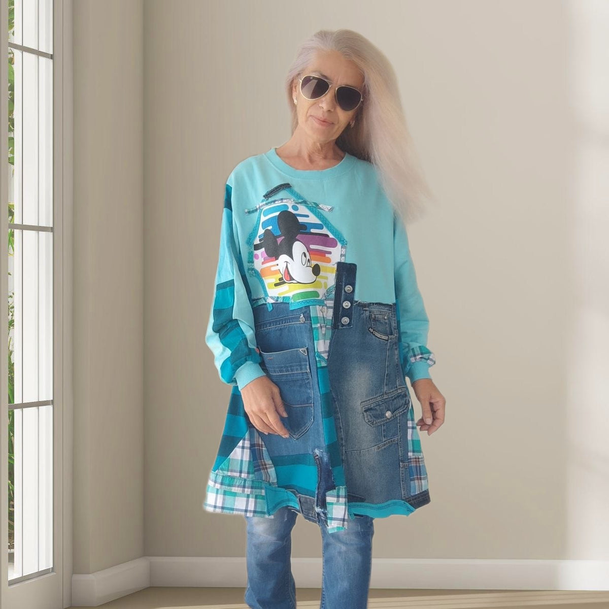 3XL Plus Size Mickey Mouse Dress – Turquoise Denim Patchwork Tunic