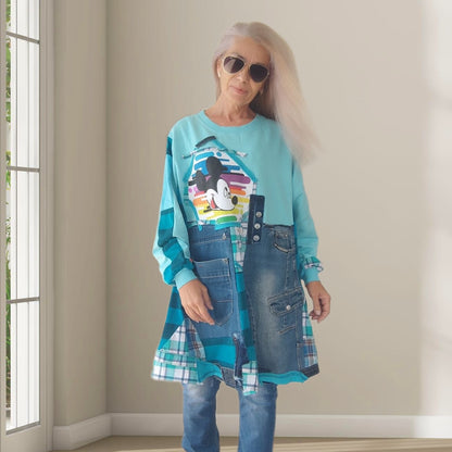 3XL Plus Size Mickey Mouse Dress – Turquoise Denim Patchwork Tunic