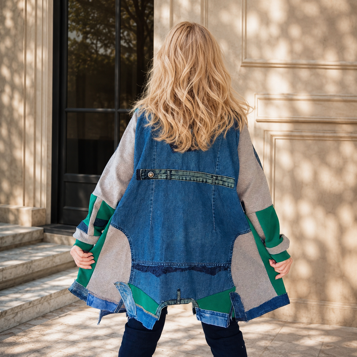3XL Plus Size Denim Jacket – Boho Patchwork, Hand Painted Artwear