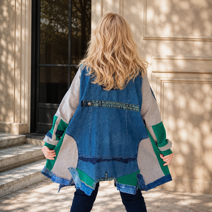 3XL Plus Size Denim Jacket – Boho Patchwork, Hand Painted Artwear