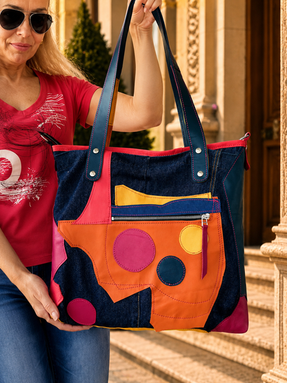 Large Colorful Leather Patchwork Tote Bag – Denim Shoulder Bag