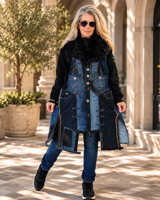 Front view of 3XL patchwork denim duster coat