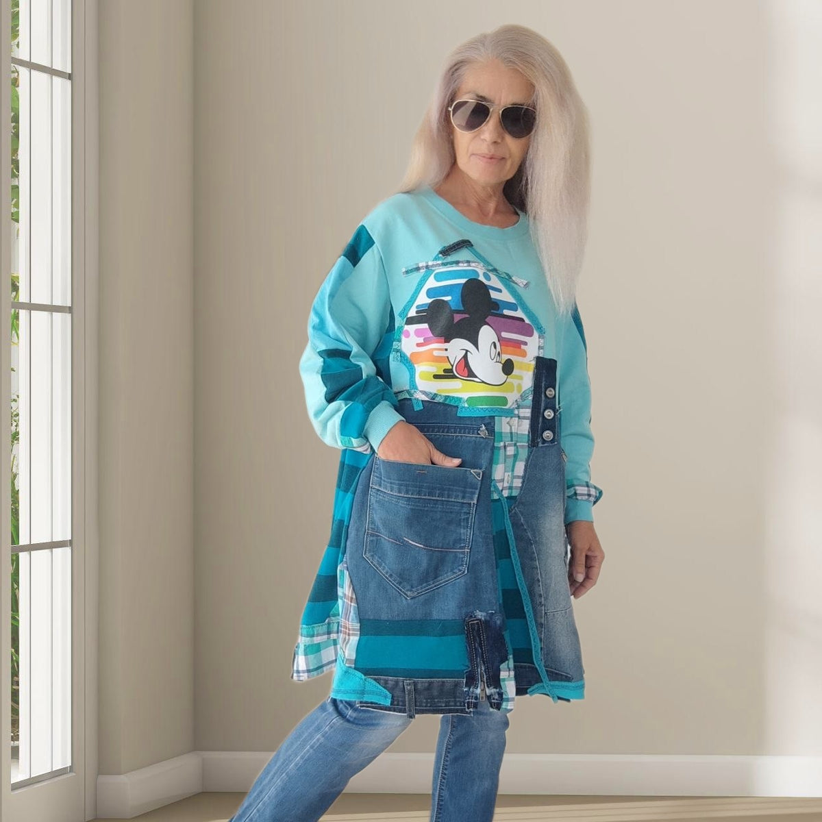 3XL Plus Size Mickey Mouse Dress – Turquoise Denim Patchwork Tunic
