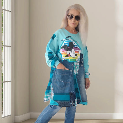 3XL Plus Size Mickey Mouse Dress – Turquoise Denim Patchwork Tunic