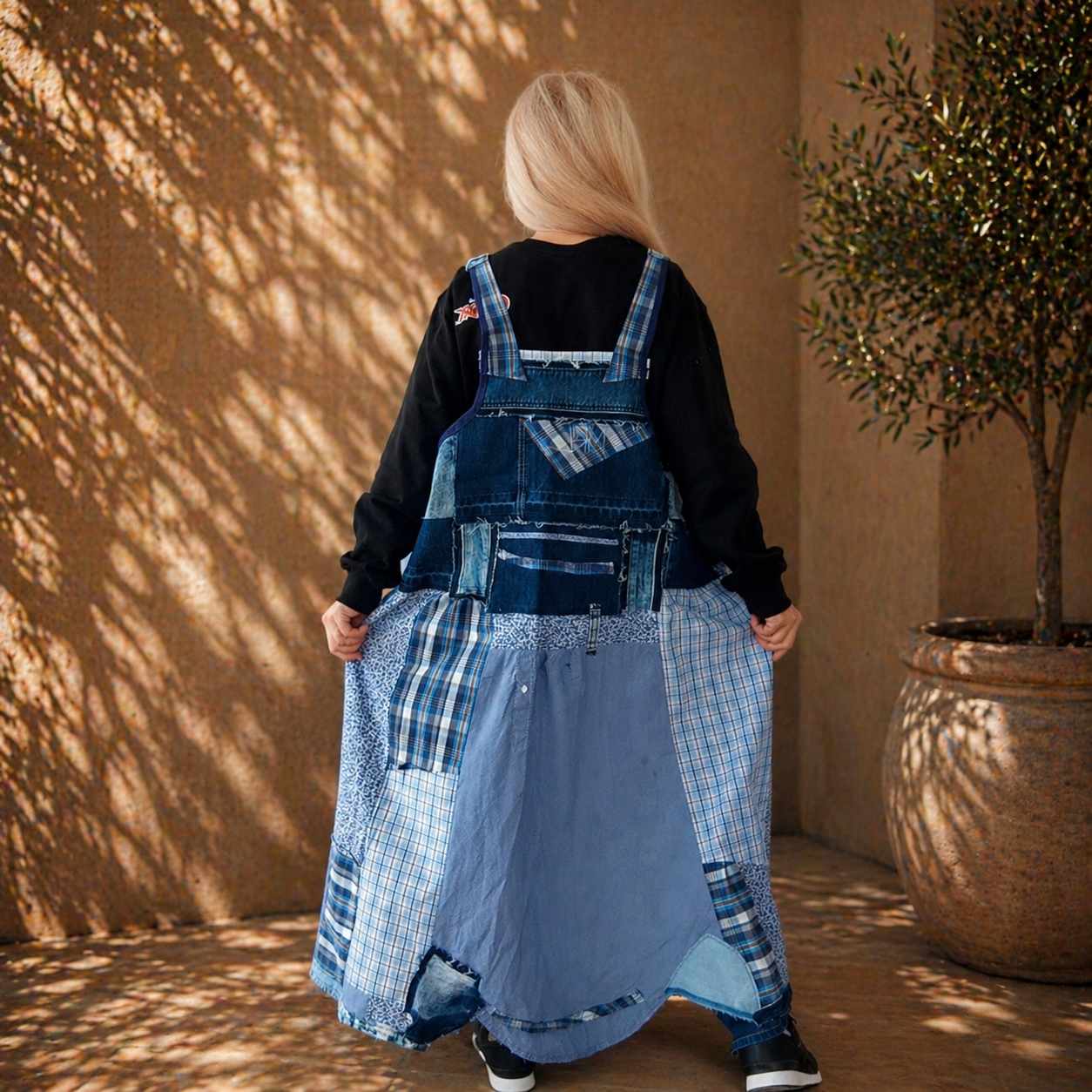 Plus Size Denim Pinafore Dress,3XL Long Denim Dungarees for Women