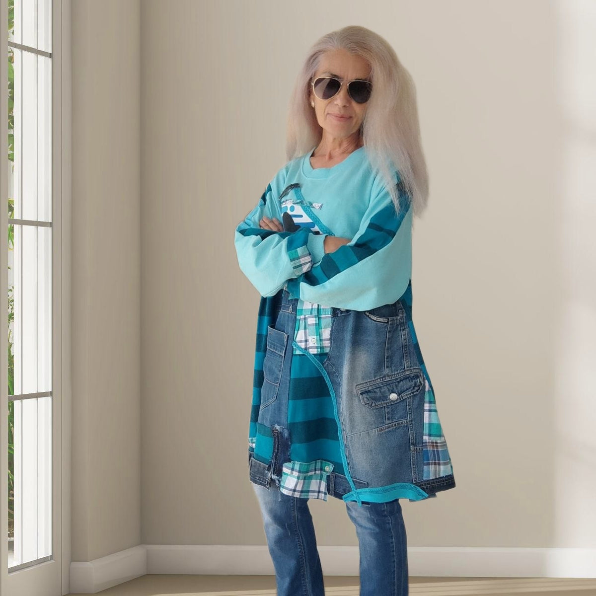 3XL Plus Size Mickey Mouse Dress – Turquoise Denim Patchwork Tunic