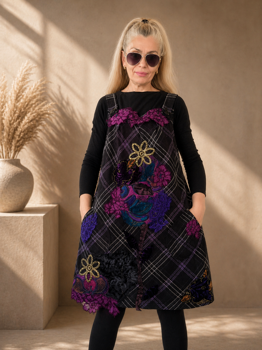 Purple Pinafore Dress,XL Wool Overall Dress,Floral Jumper Dress