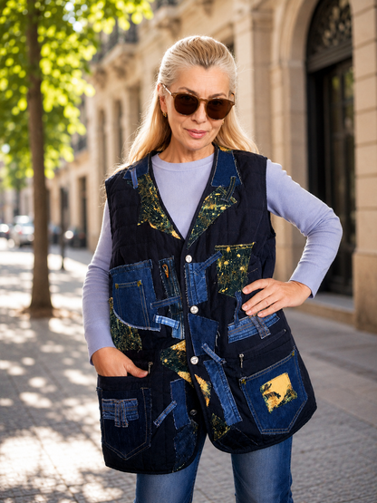 XL/2XL Plus Size Quilted Denim Vest – Blue Patchwork Sleeveless Jacket