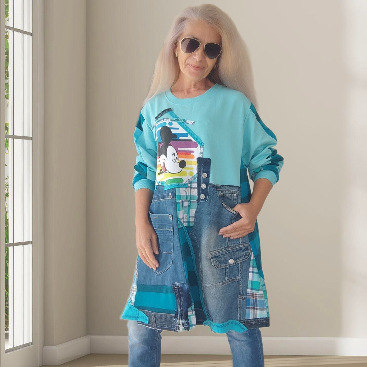3XL Plus Size Mickey Mouse Dress – Turquoise Denim Patchwork Tunic