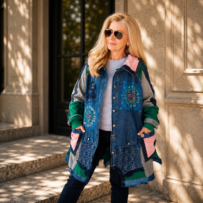 3XL Plus Size Denim Jacket – Boho Patchwork, Hand Painted Artwear