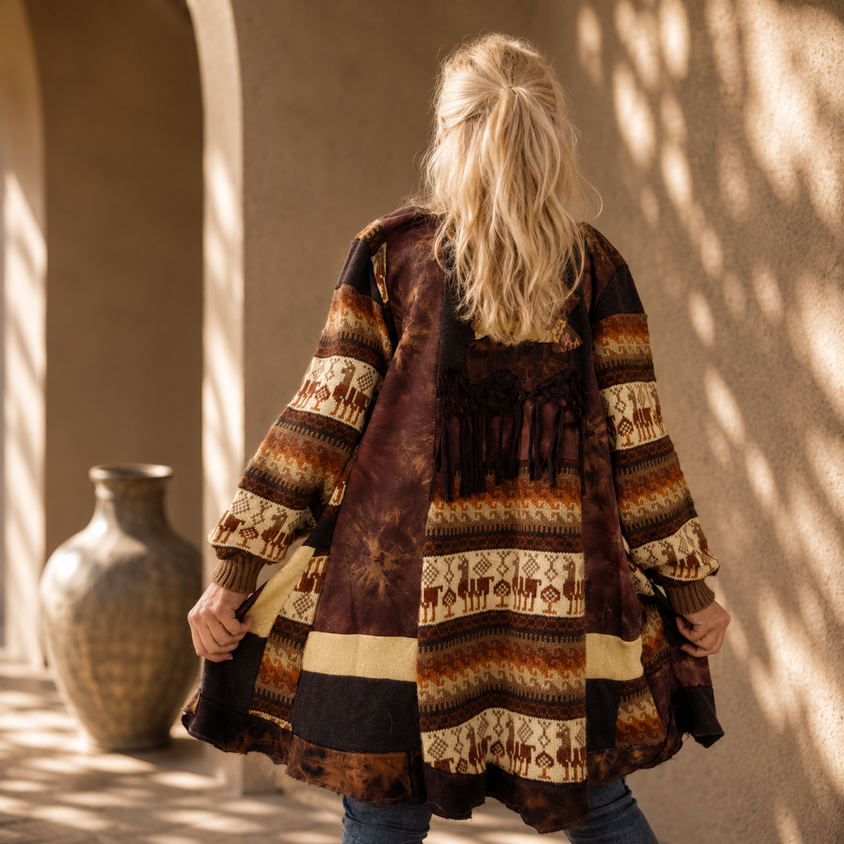 2XL Plus Size Wool Cardigan Dress – Brown Patchwork Boho Coat