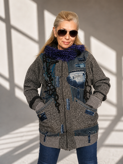 L/XL Hooded Denim Jacket – Gray Wool Blend Patchwork Boho Jacket