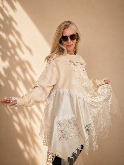 Plus Size Beige Sweatshirt Dress,3XL Loose Floral Satin Dress