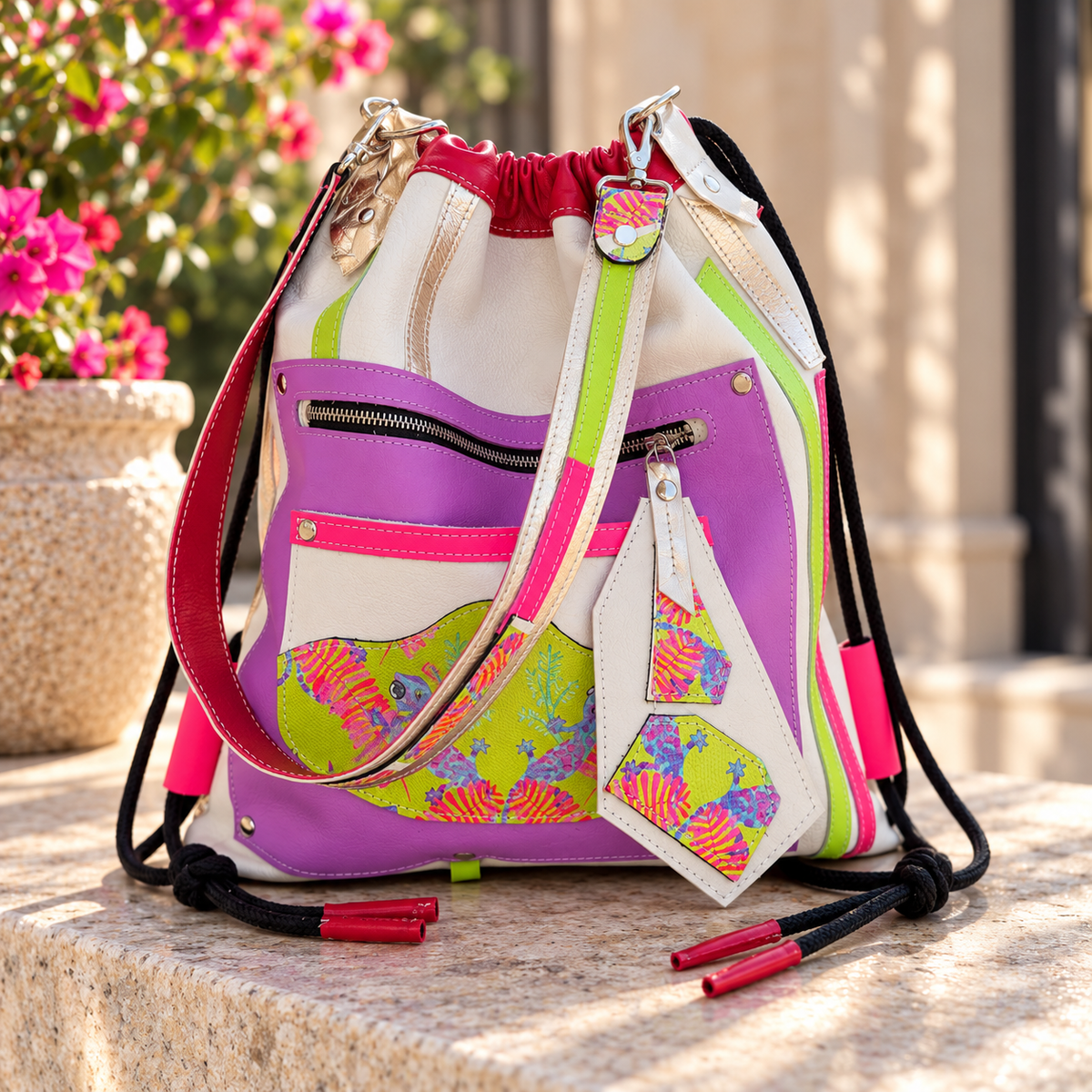 Colorful Italian leather convertible backpack with lizard print pocket – MARTINELI