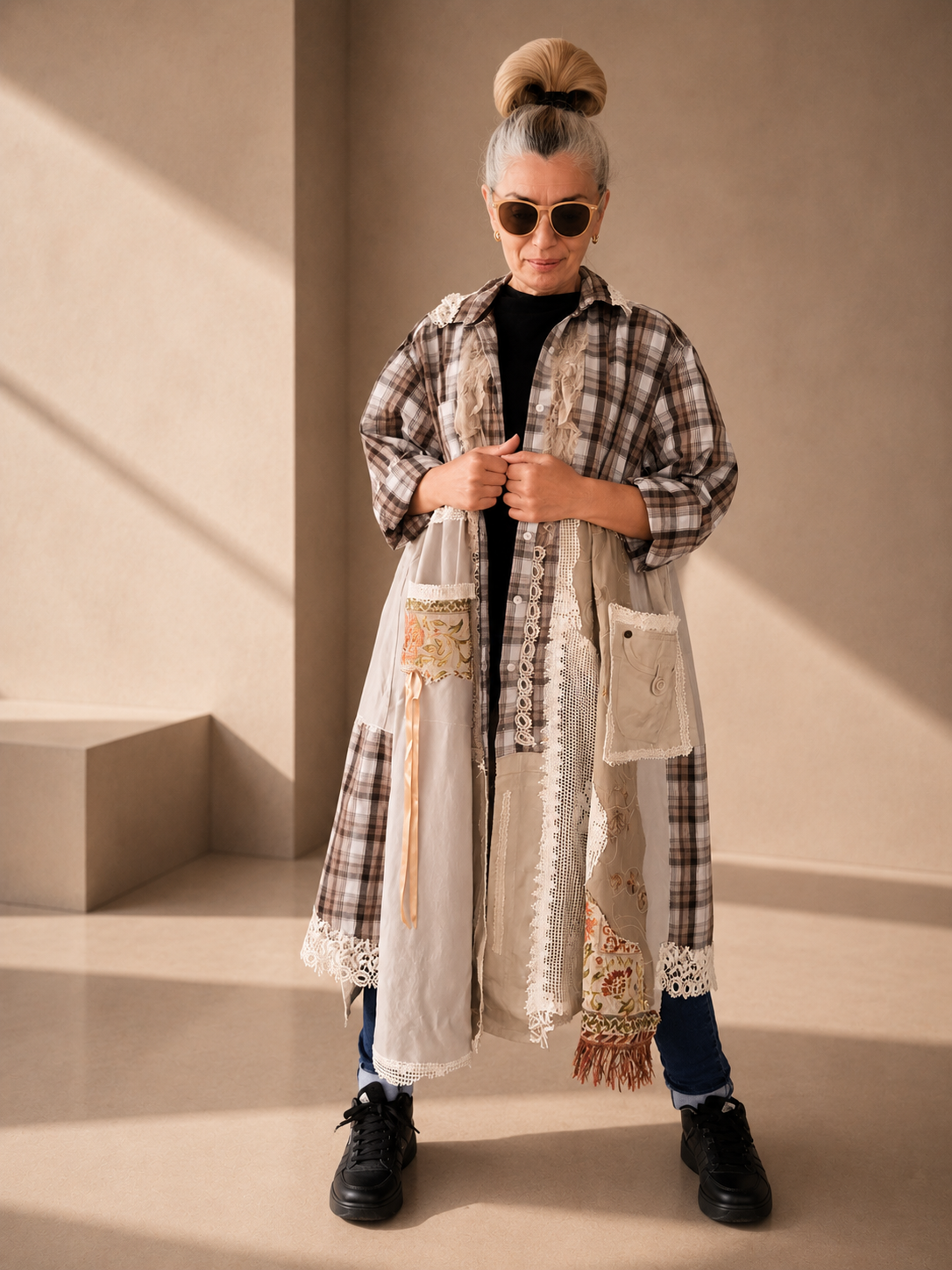 2XL Plus Size Linen Duster Dress – Beige Plaid Patchwork Boho Jacket