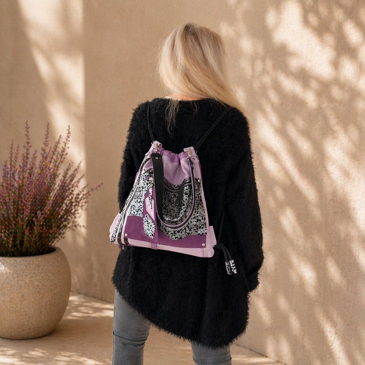 Purple Italian leather and suede convertible backpack worn on the back – MARTINELI