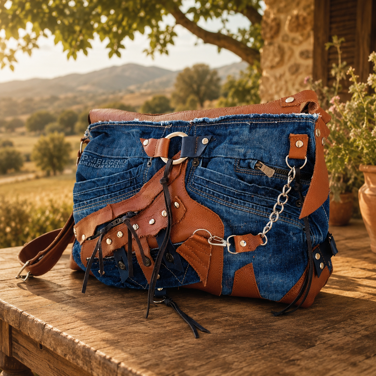 Denim and Leather Crossbody Bag – Handmade Upcycled Jeans Shoulder Bag
