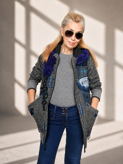 L/XL Hooded Denim Jacket – Gray Wool Blend Patchwork Boho Jacket