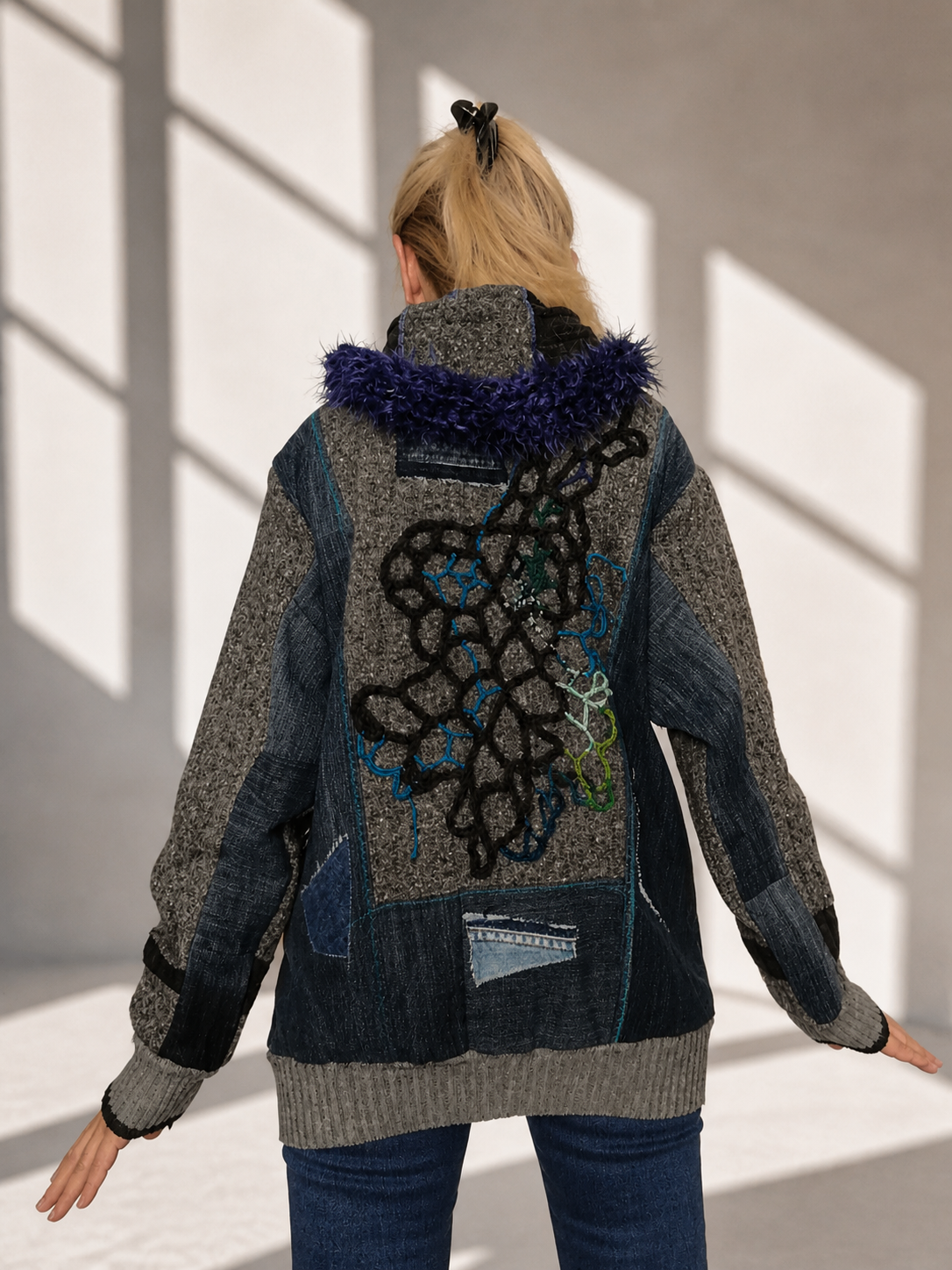 L/XL Hooded Denim Jacket – Gray Wool Blend Patchwork Boho Jacket