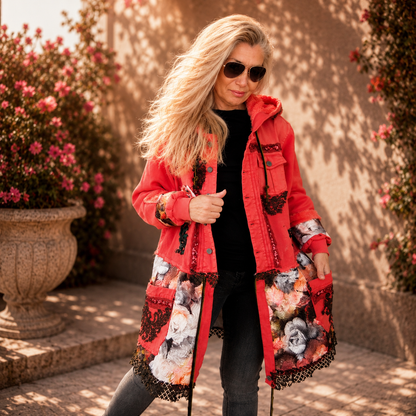 Coral Pink Hooded Denim Jacket – Floral Patchwork, Green Lace, Boho Artwear