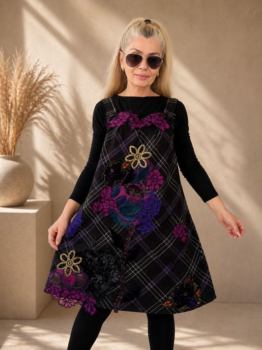 Purple Pinafore Dress,XL Wool Overall Dress,Floral Jumper Dress
