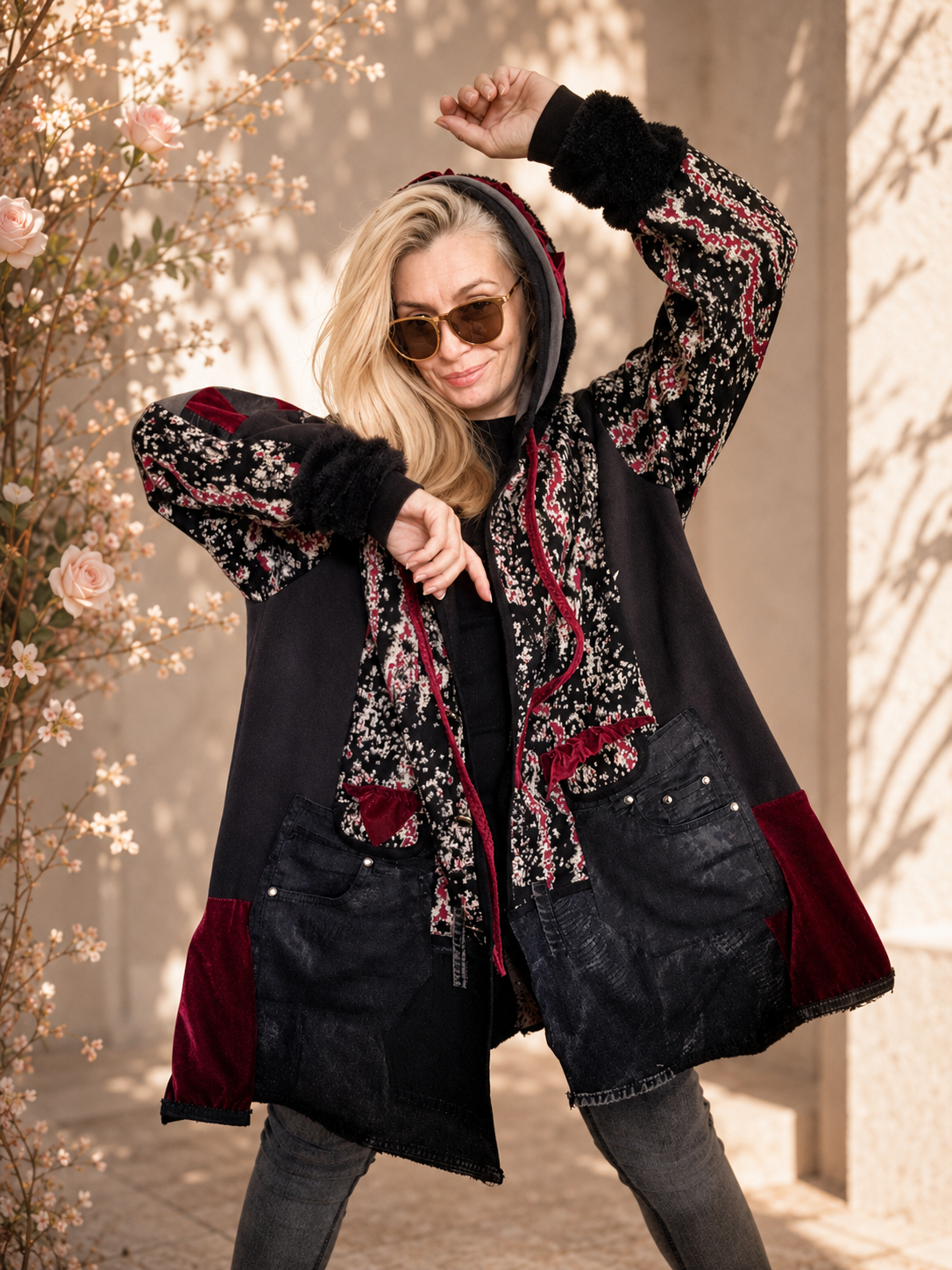 3XL Plus Size Hooded Cardigan – Black & Pink Patchwork Boho Jacket