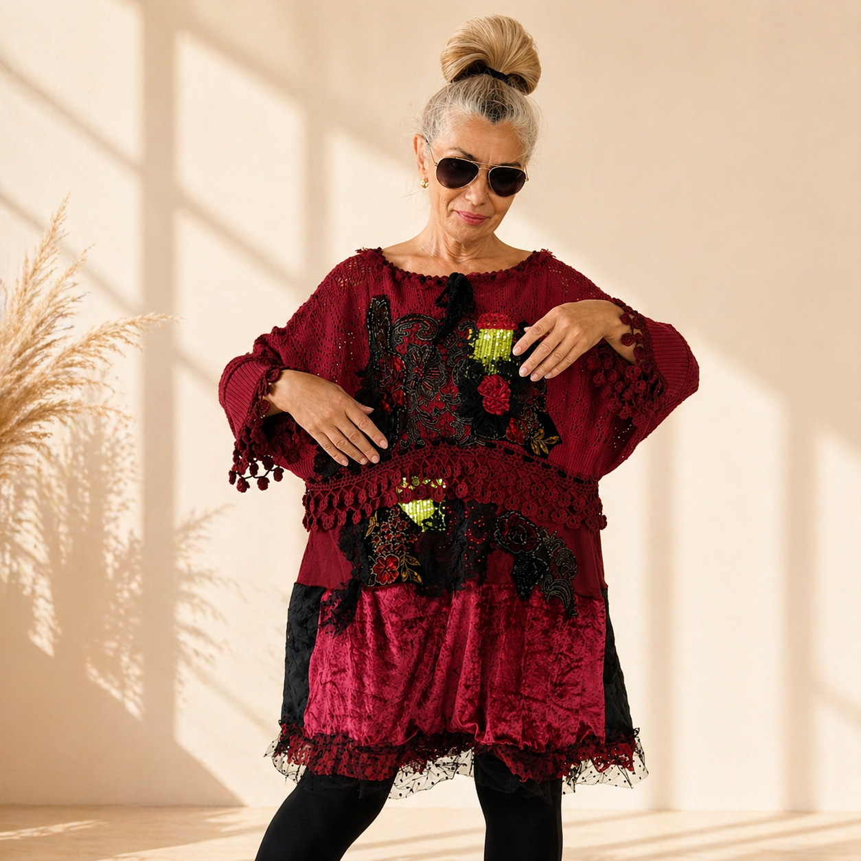 Plus Size Wine Red Sweater Dress,XL/4XL Upcycled Embroidered Knit Tunic